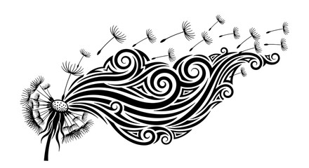 Fototapeta premium Dandelion Wishes: A detailed illustration of a dandelion releasing its seeds into the wind, symbolizing dreams, wishes, and the journey of life. Capturing the delicate beauty and the ethereal feeling.