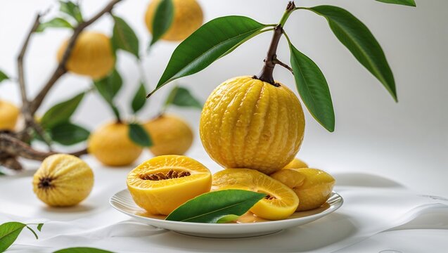 Vibrant chempedak fruit in its entirety, featuring glossy yellow flesh served on a sleek white plate for food photography concepts

