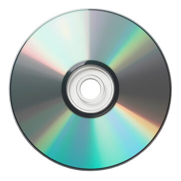 A close up shot of a compact disc showing its iridescent surface and central hole isolated on transparent background