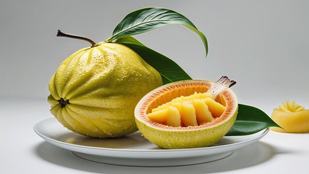 Natural whole chempedak fruit with striking golden-yellow interior placed elegantly on white dinnerware against a clean background

