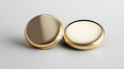 Two gold-toned round containers, one open and one closed, on a light gray surface.