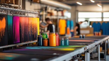 Screen printing workshop with colorful inks and prints