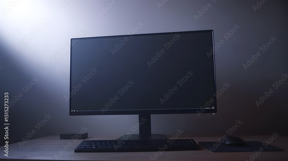 Poster a computer monitor with a dark screen on a wooden desk.