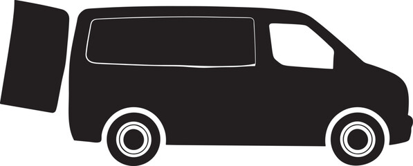 Silhouette Style Van with Open Door Vector Illustration on Solid Background for Design Projects and Compositions