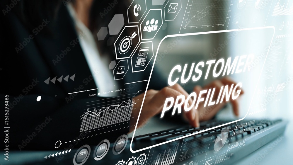 Poster customer profiling concept for business success with data analytics and digital marketing visualizat