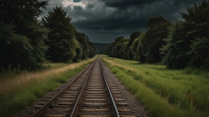 Fototapeta premium Railroad tracks through a lush green landscape under a stormy sky
