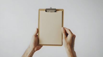 A clipboard with blank paper held by hands against a plain background.
