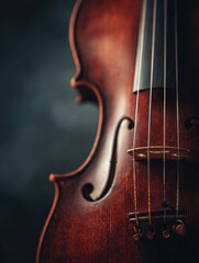 Naklejka premium This close-up showcases a vintage violin with rich wood grain, intricate scroll work, and finely crafted strings