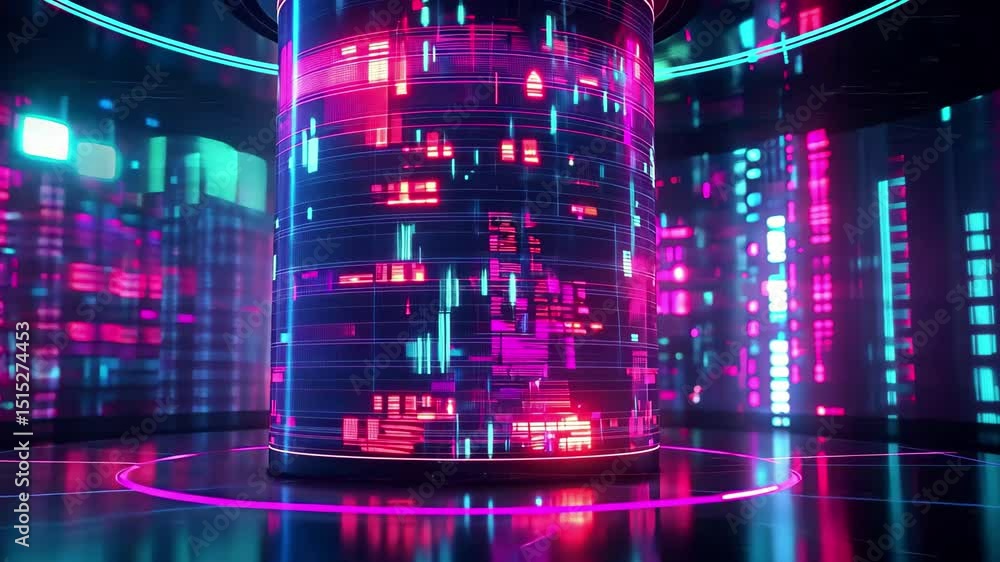 Poster digital cylinder illuminated by moving neon lights creating dynamic patterns in a futuristic environ