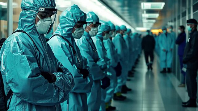 Depressed workers waiting in line while wearing personal protective equipment in a sterile environment, Depressed workers in line wearing personal protection during pandemic