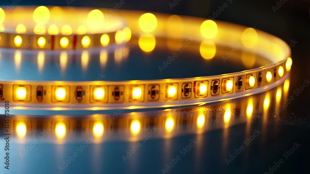 Poster closeup of illuminated led strip showcasing warm light against a dark background at night, closeup o