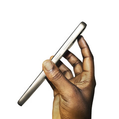 Hand holding mobile phone  over transparent background. side view of phone