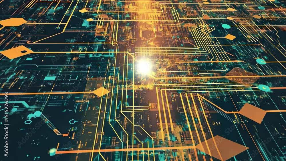 Poster visual representation of a computer circuit board highlighting arrows and pathways, classic view of 