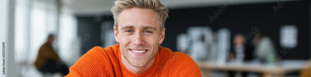 Poster a man in an orange sweater is smiling at the camera. the room he is in is mostly empty, with only a 