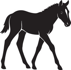 Foal walking silhouette young horse art, Baby horse silhouette clean black outline