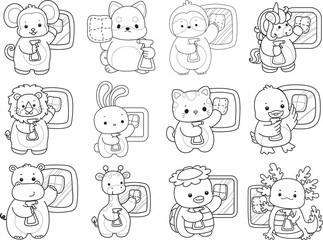 Printable of Cute wild animal vector icon. Outline of Fluffy pet stickers.
