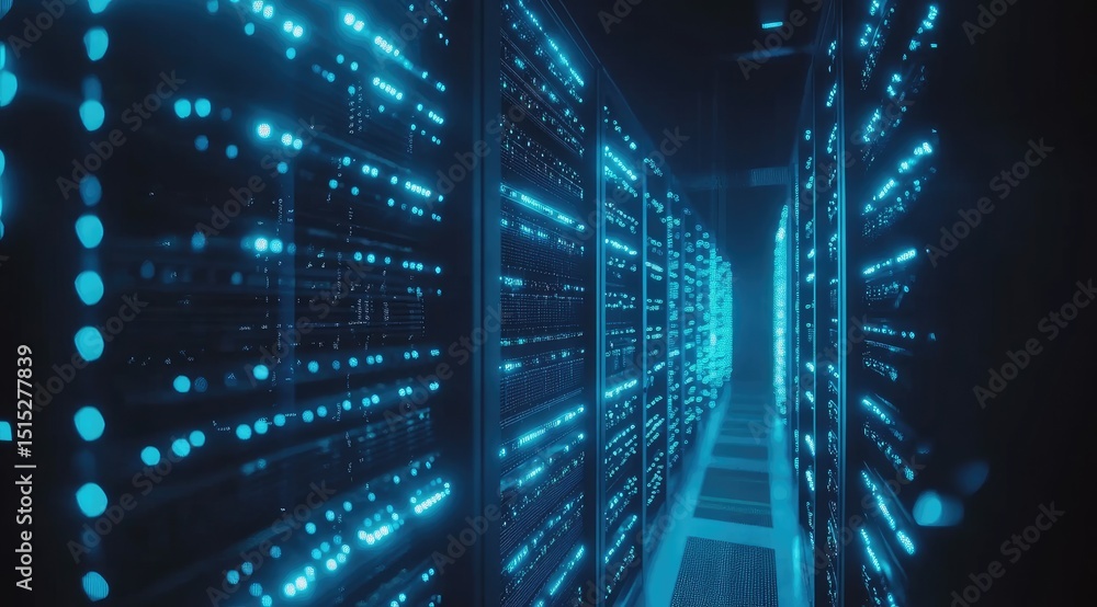 Poster Futuristic corridor of a high-tech data center with glowing blue server racks and dense digital lights, symbolizing fast cloud computing and advanced network infrastructure