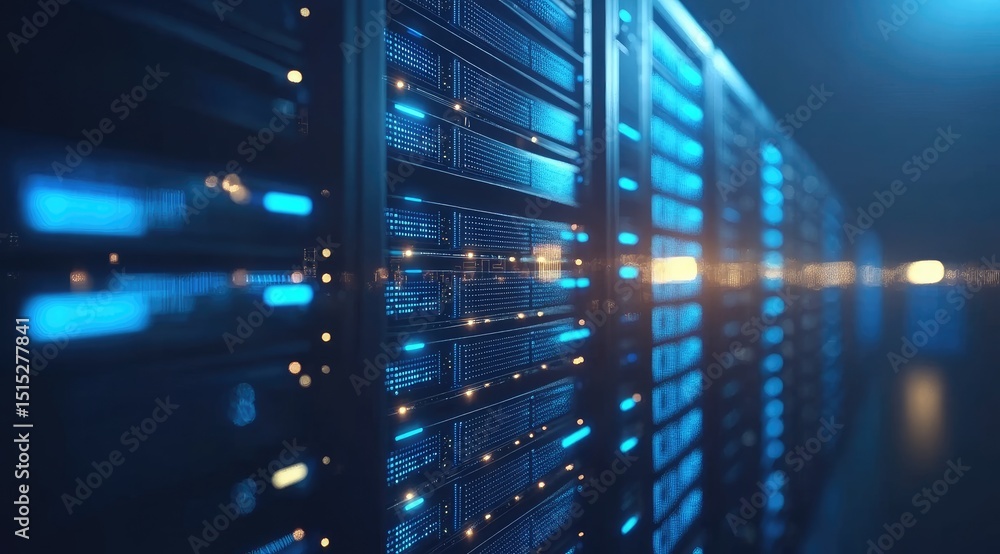Poster High-tech data center interior with rows of glowing blue servers and blurred golden lights, symbolizing secure cloud computing, fast data flow, and modern digital infrastructure
