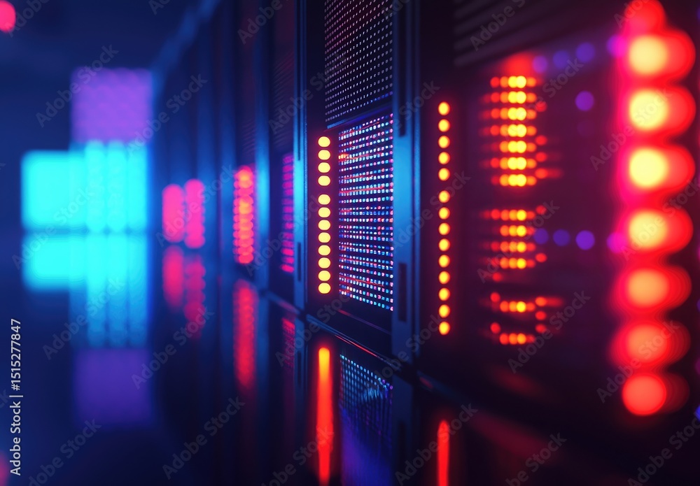 Poster colorful 3d rendering of illuminated data servers in a futuristic server room, showcasing glowing le