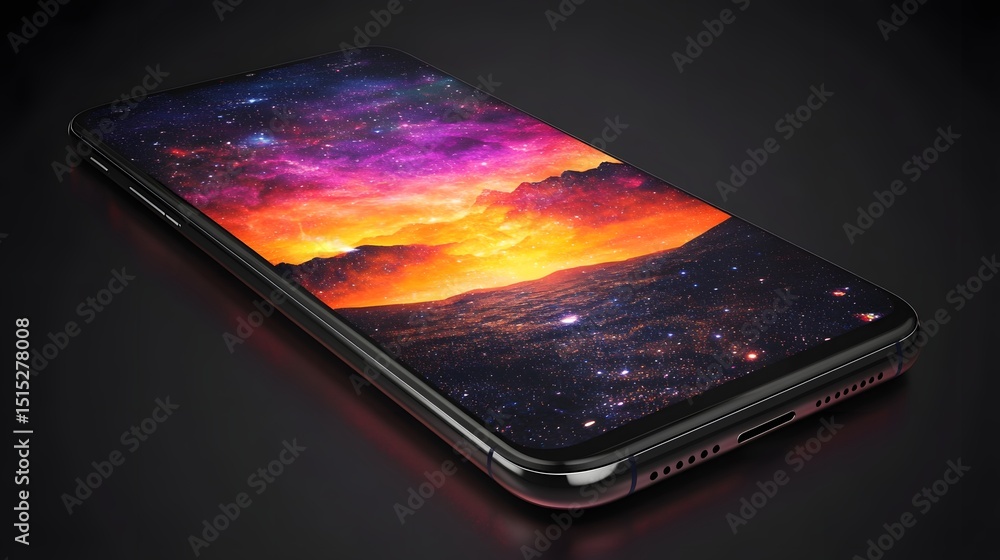 Poster close-up view of a smartphone displaying a colorful space scene.