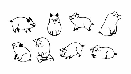 Set of cute cartoon pig line art illustrations
