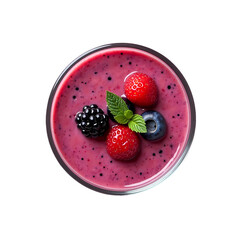 Overhead view of a berry smoothie in a glass with strawberries blueberry and blackberry garnish on top isolated on transparent background
