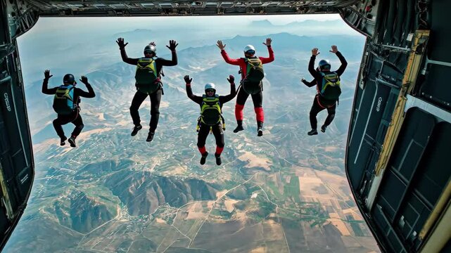 Group of skydivers leaps from aircraft to experience extreme freefall in scenic landscape, A group of skydivers jumps out of a plane to explore the aerial landscape