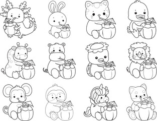 Printable of Cute wild animal vector icon. Outline of Fluffy pet stickers.
