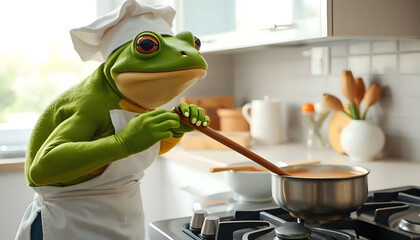 Frog chef stirring a pot in a modern kitchen with a white chef hat and apron