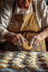 An elderly woman in an apron skillfully prepares homemade cookies, showering them with flour.