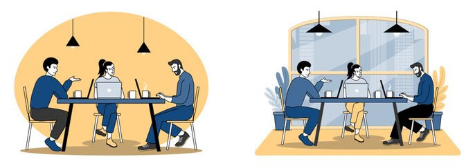 Vector illustration of a group of young professionals working together at a table in a modern office or co-working space