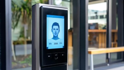 Facial recognition access kiosk.  A person's face is displayed on a touch screen kiosk.  The user's hand is positioned over the touch screen.  Outdoor setting, blurred background - Powered by Adobe