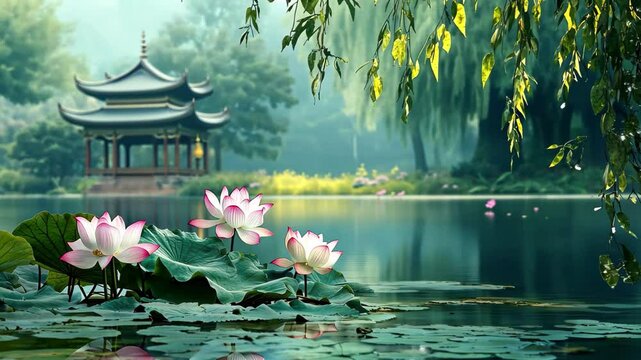 Beautiful lake with lotus flowers and greenery near a traditional house surrounded by serene nature, beautiful lake with lotus flower and leaves, and house video background ing for live wallpaper