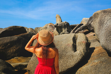 Tourist staring at Hin Ta and Hin Yai Rocks ( grandmother and grandfather) in Koh Samui Thailand