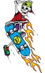 Original illustration in vintage style. The skeleton doing a trick on a skateboard. T-shirt design, design element.