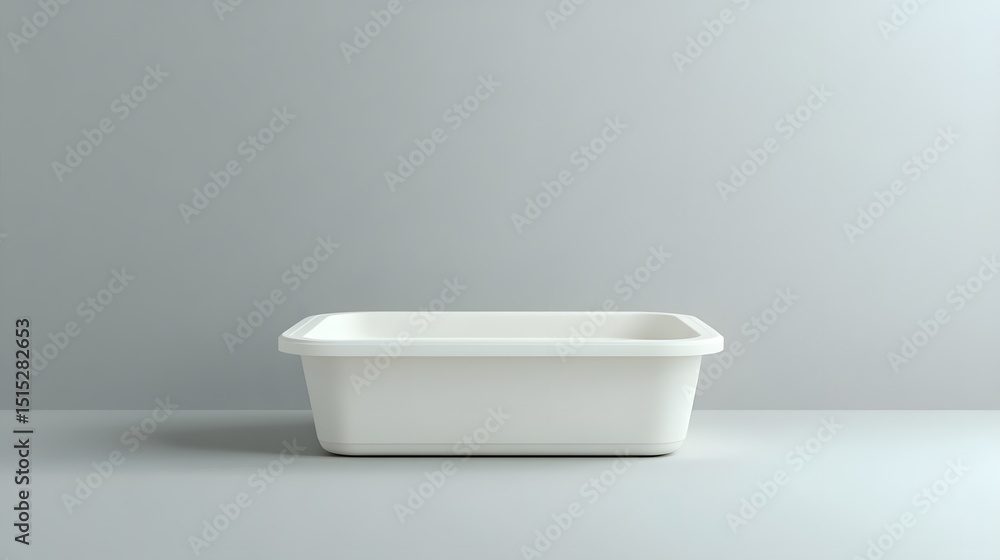 Poster empty white plastic rectangular container on a light gray surface.