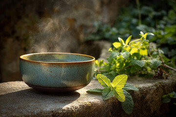 Herbal infusion steaming in a ceramic bowl placed on a stone ledge near a natural hot spring, eucalyptus and lemon balm nearby.