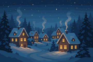 Fototapeta premium Cozy snowy village at night with glowing windows and stars