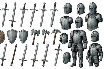 Medieval weapon and armor icon set with swords, shields, and helmets