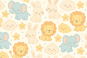 Naklejka premium Seamless cute animal pattern with lions, bunnies, and elephants