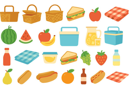 Colorful flat icons of picnic food and outdoor meal items