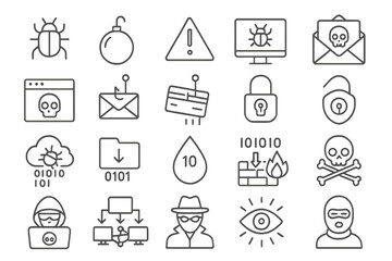 Dark themed cybercrime and malware icon set for digital security