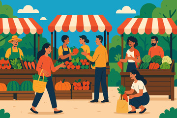 Colorful farmers market scene with people buying fresh vegetables outdoors