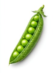 A pod of fresh green peas reveals its vibrant contents, featuring several round peas tightly packed together. The natural sheen and green color highlight the freshness of the produce