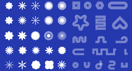 Vector Abstract Shape Collection, Geometric Shapes set - modern and retro aesthetic figure star oval spiral flower and other primitive design elements.