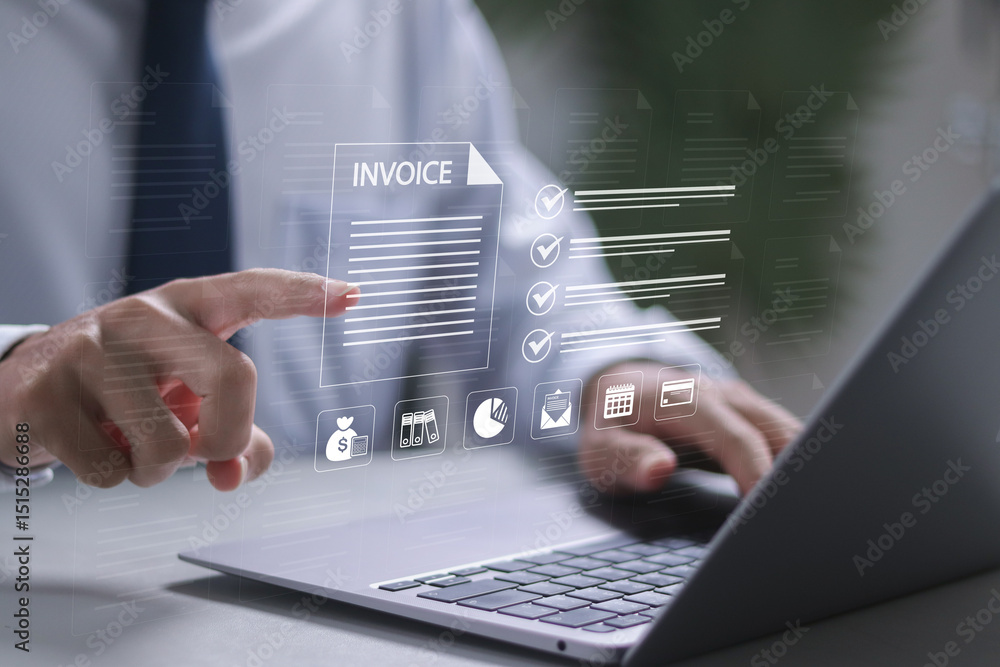 Poster e-invoice and online digital statements concept. businessman working with digital invoice management