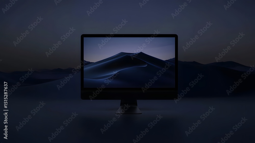Poster a computer monitor displaying a dark landscape image.