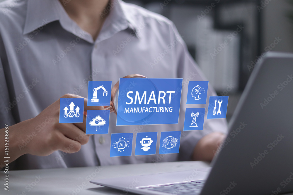 Poster smart manufacturing concept. introducing advanced technologies such as ai, ml, iot and robotics in t