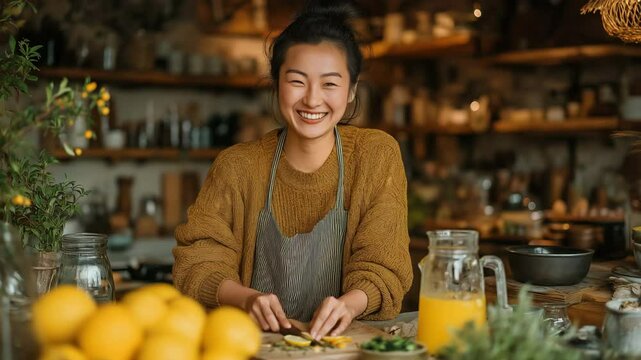 Asian woman setting dinnerware with a citrus juice pitcher on the kitchen dining table