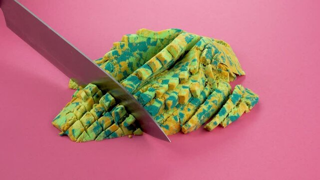 Very Satisfying and Relaxing Kinetic Sand ASMR video. Cutting anti stress macro close up colorful Kinetic Sand with a Knife. ASMR sounds.